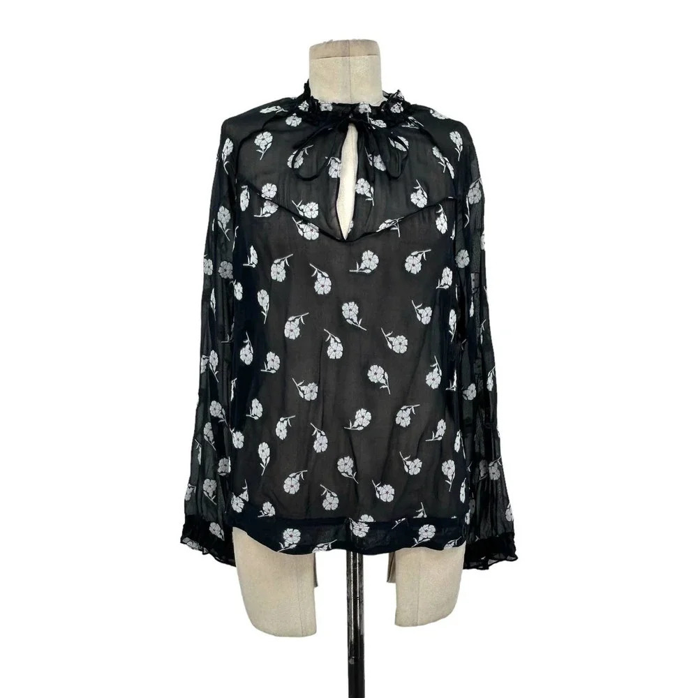 Rag and Bone Navy Blue Floral Print Tie‎ Neck Long Sleeve Blouse Size XS